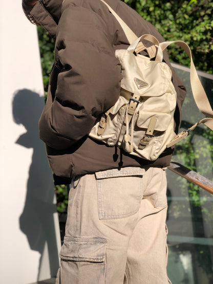PRADA Triangle Logo Double Pocket Nylon Backpack Ivory Vintage heratz