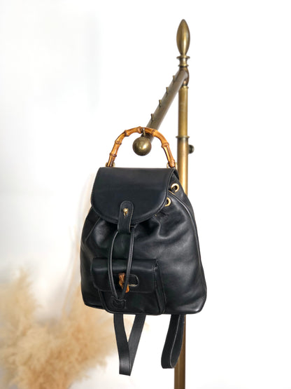 GUCCI Bamboo Front Pocket Backpack Black Vintage f7grwk