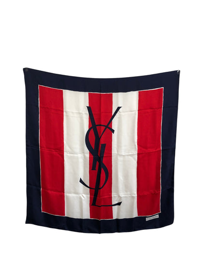Yves Saint Laurent YSL Logo Silk Scarf Navy×Red Vintage 8bb6cj