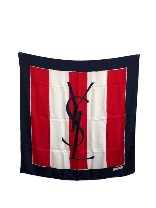 Yves Saint Laurent YSL Logo Silk Scarf Navy×Red Vintage 8bb6cj