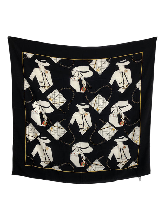 CHANEL Scarf Black×White Silk Vintage r3ea4i