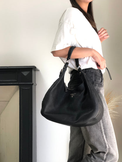 PRADA Logo Shoulder bag Hobobag Black Vintage 53rvk2