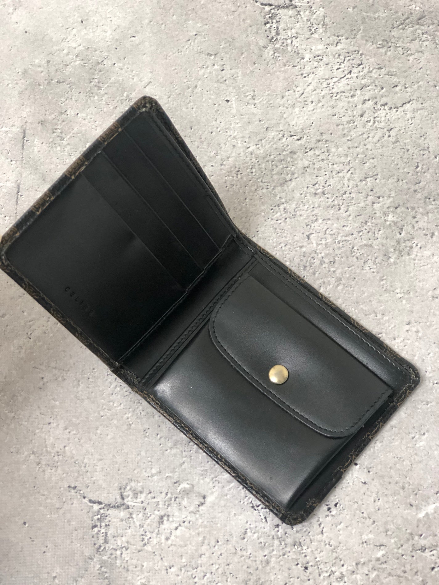CELINE Macadam Logo PVC Leather Folded Wallet Black Vintage 57nfmr