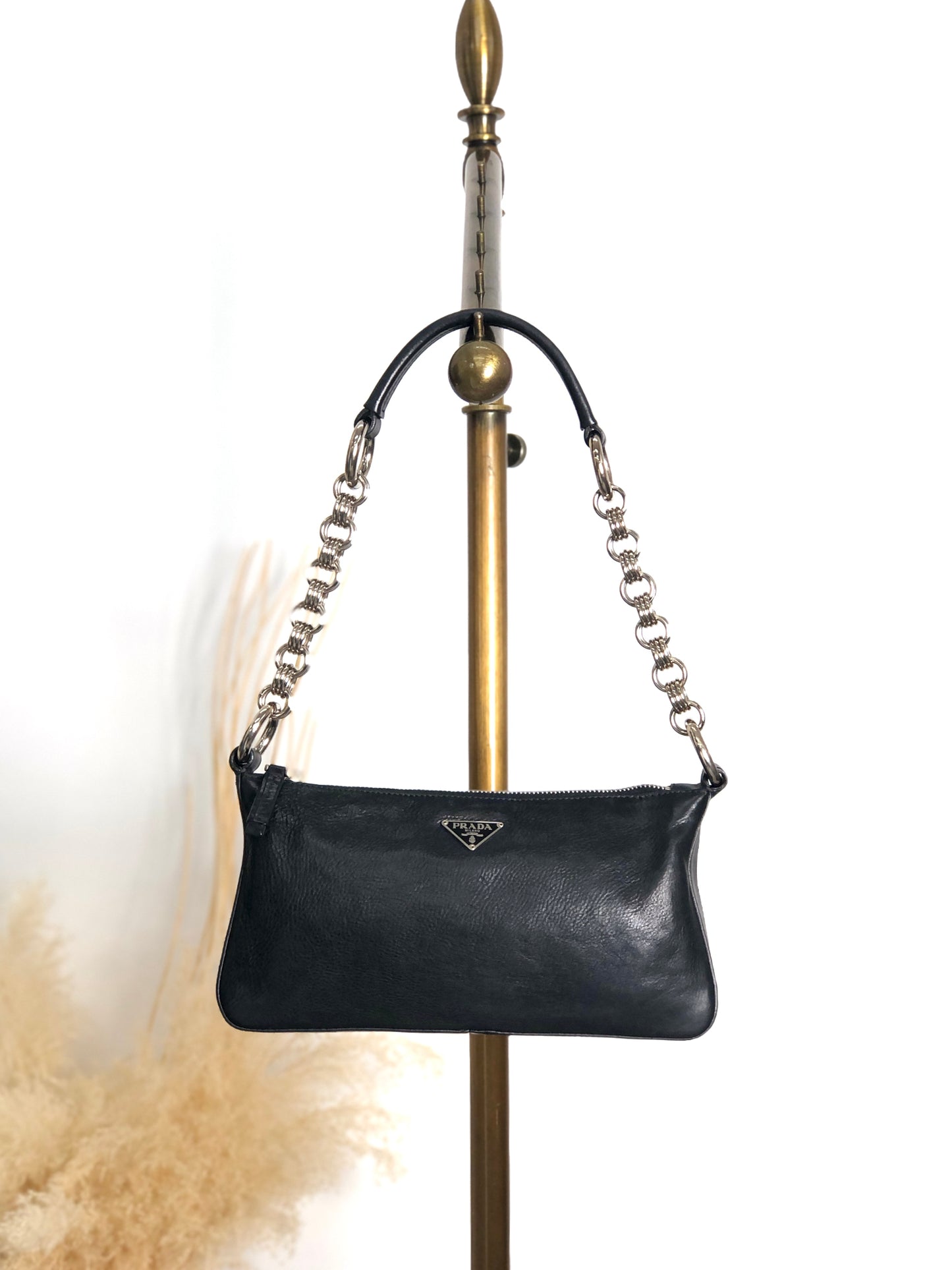 PRADA Triangle Logo Chain Handle Shoulder bag Hobobag Black Vintage zft4vr