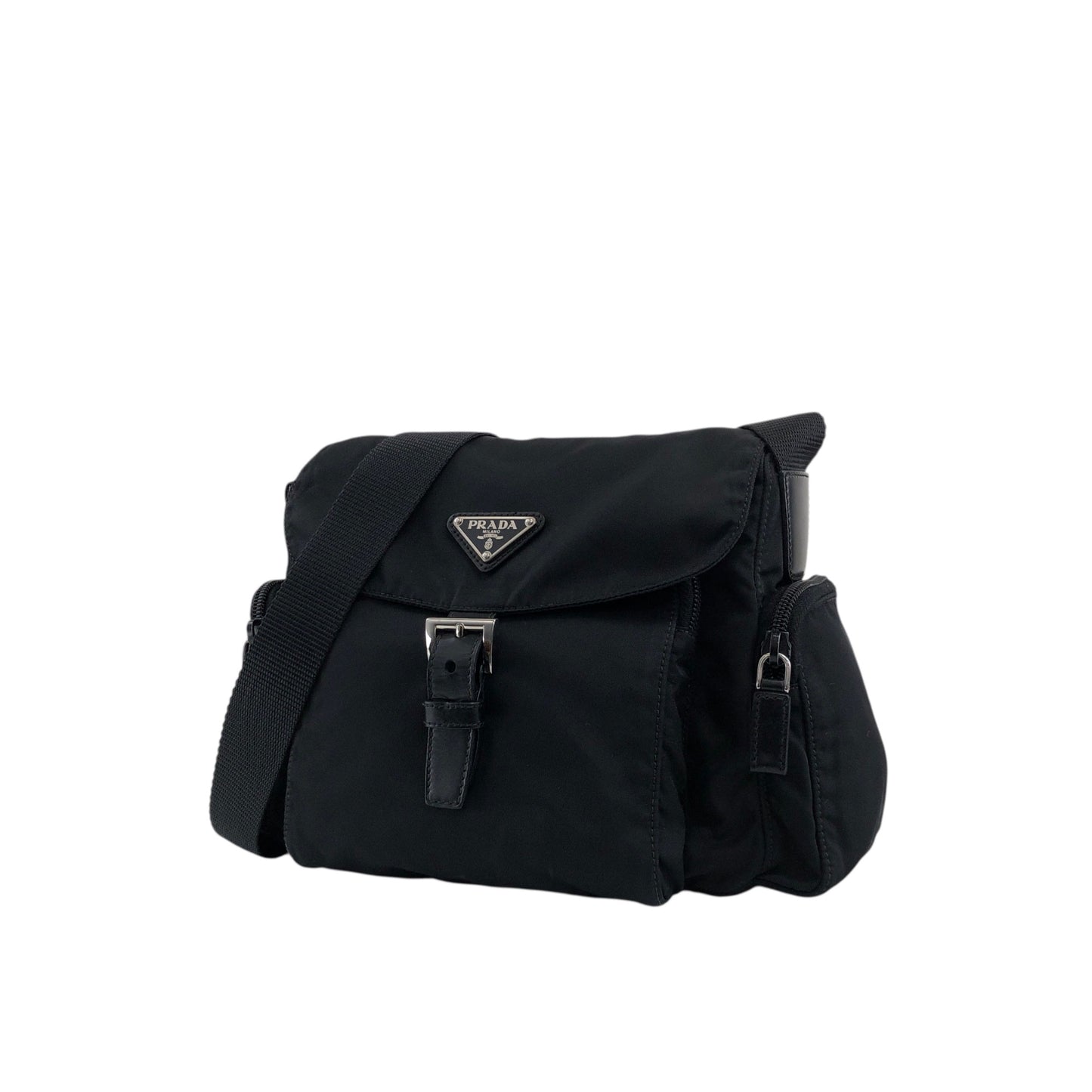 PRADA Tessuto Triangle Logo Front Buckle Side Pocket Shoulder bag Black Vintage pvgpkk