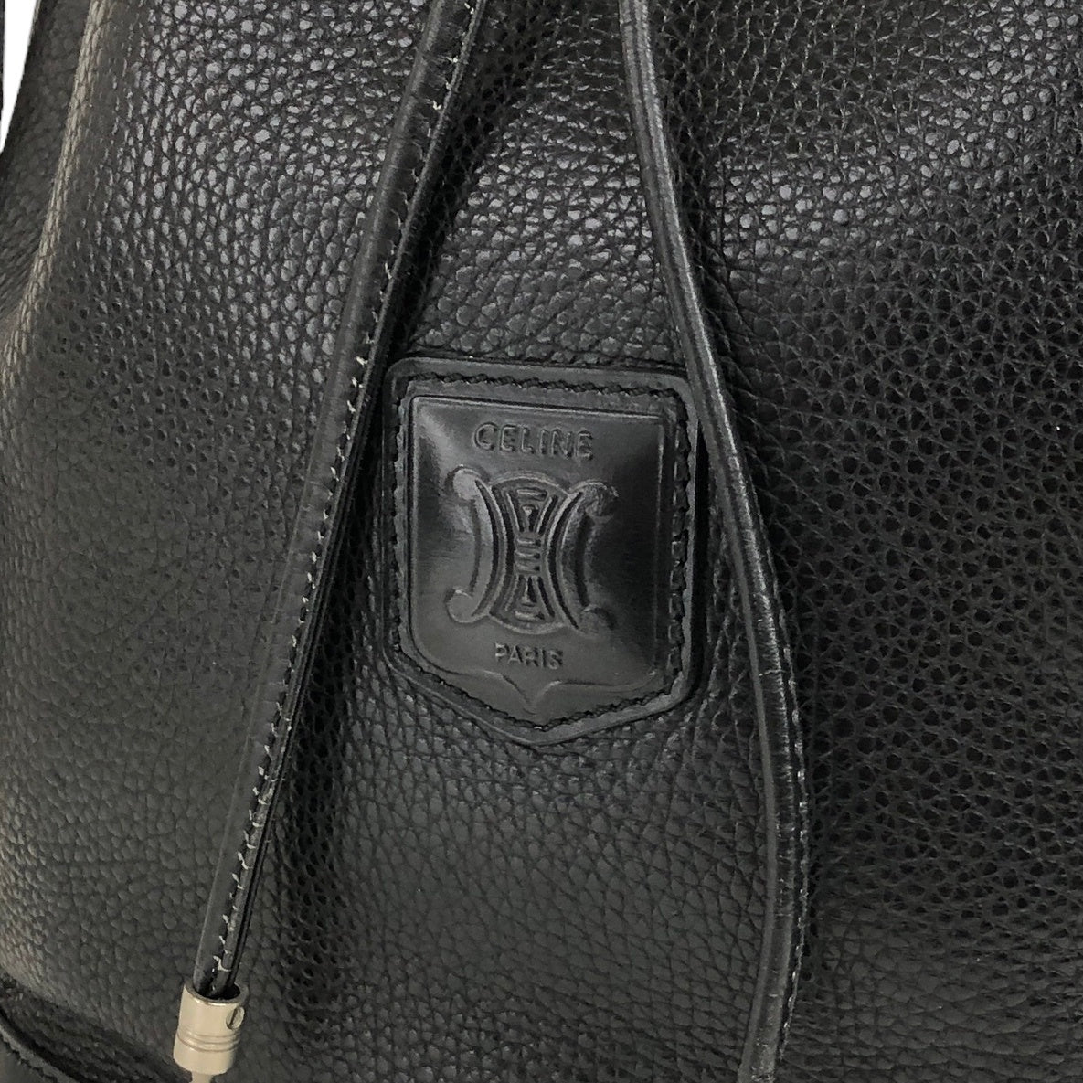 CELINE Blason Leather Drawstring Shoulder bag Black Vintage c4br2y