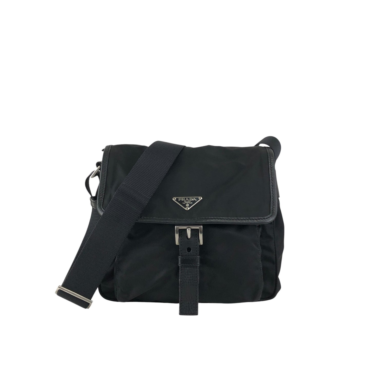 PRADA Tessuto Triangle Logo Front Buckle Shoulder bag Black Vintage kyt5ds