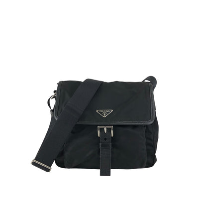 PRADA Tessuto Triangle Logo Front Buckle Shoulder bag Black Vintage kyt5ds