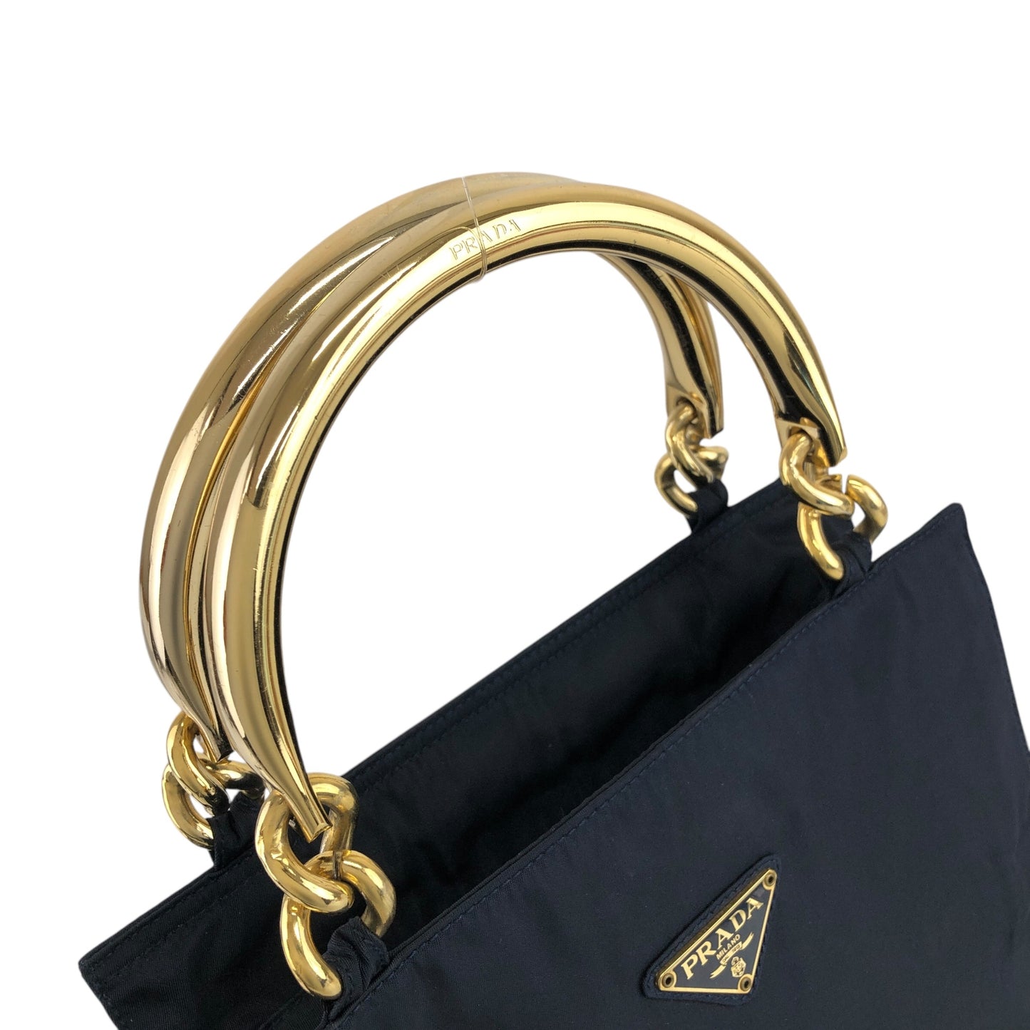 PRADA Triangle Logo Metal Handle Handbag Navy Vintage 5c4zz4