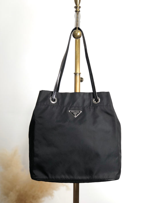 PRADA Tessuto Triangle Logo Drawstring Handbag Totebag Black Vintage 8y7i6t