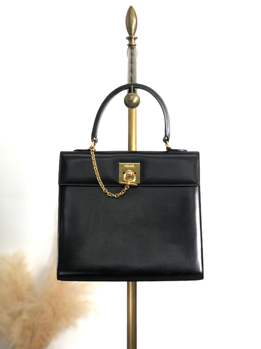 CELINE Gancini Top Handle Handbag Black Vintage whcwed