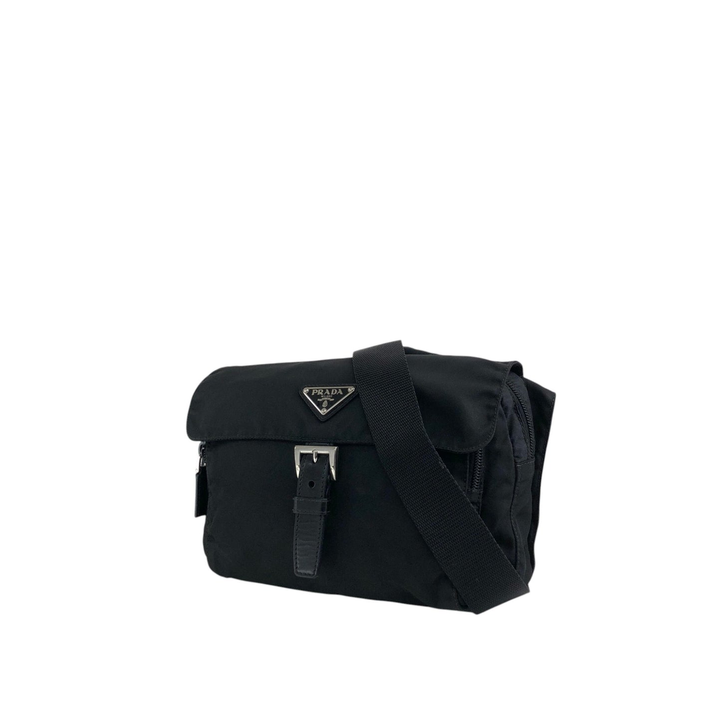 PRADA Tessuto Triangle Logo Front Buckle Shoulder bag Black Vintage 3ce7c7