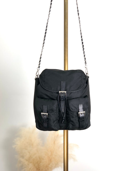 PRADA Triangle Logo Front Buckle Shoulder bag Black Vintage fkfvej