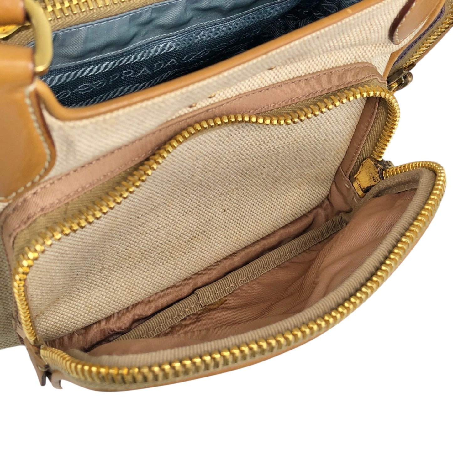 PRADA Triangle Logo Multi Pocket Handbag Totebag Beige×Blue Vintage fkki3a