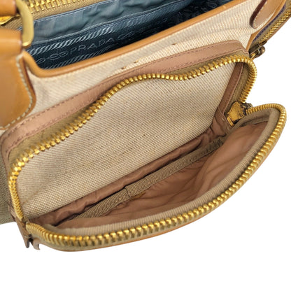 PRADA Triangle Logo Multi Pocket Handbag Totebag Beige×Blue Vintage fkki3a