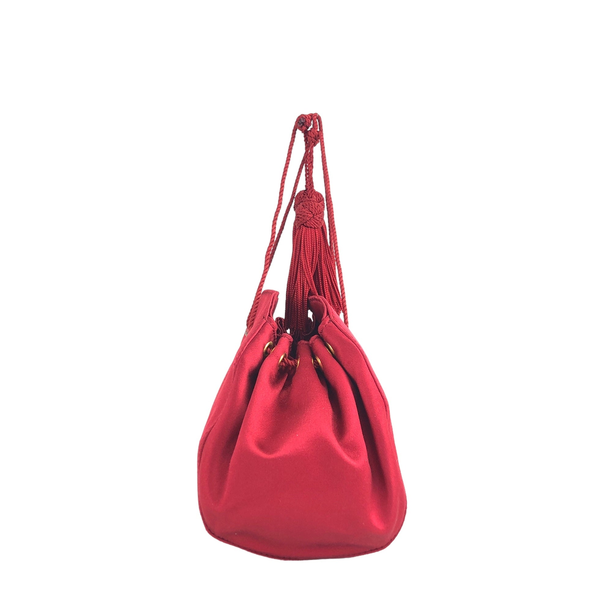 PRADA Logo Embroidery Satin Drawstring Mini Handbag Red PRADA Logo Embroidery Satin Drawstring Mini Handbag Red