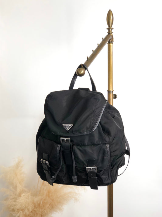 PRADA Tessuto Triangle Logo Double Pocket  Backpack Black Vintage cz4rjs