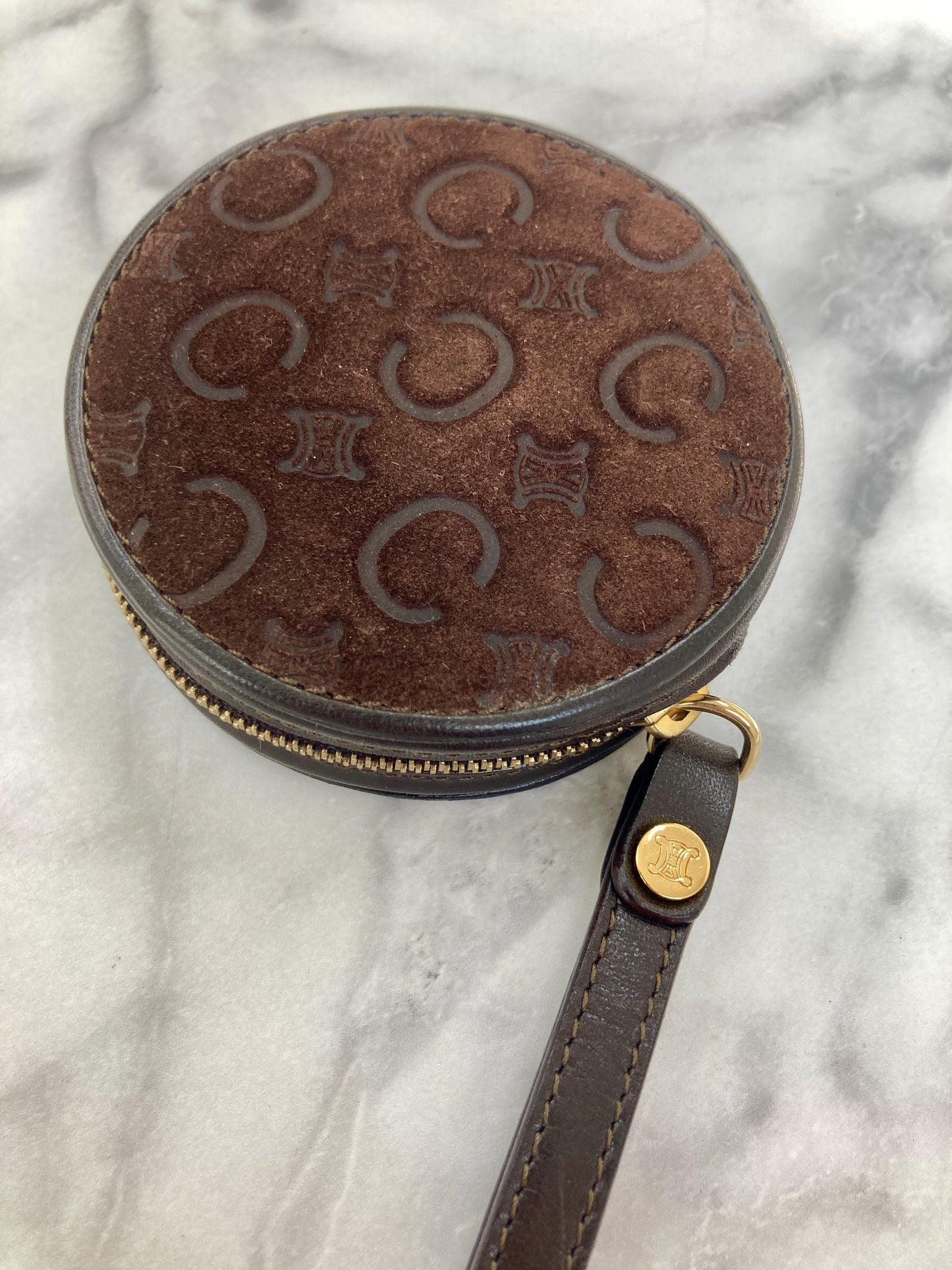CELINE C-Macadam Blason Suede Leather Round Coin Purse Brown Vintage 6z2vft