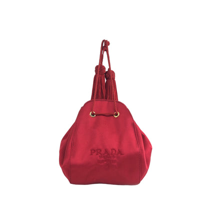 PRADA Logo Embroidery Satin Drawstring Mini Handbag Red Vintage e2mrt5