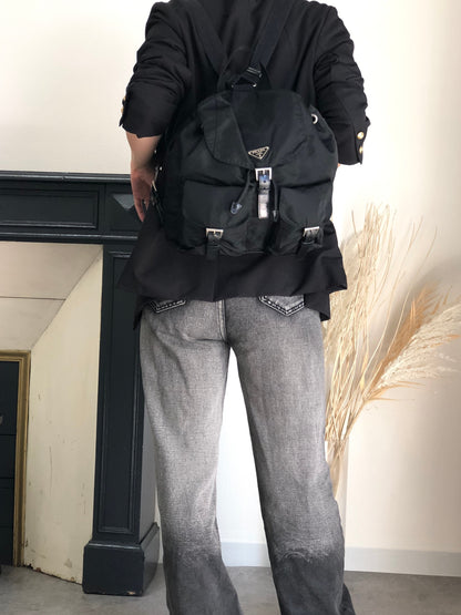 PRADA Tessuto Triangle Logo Double Pocket  Backpack Black Vintage 3pvjac
