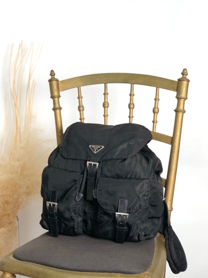PRADA Tessuto Triangle Logo Double Pocket Backpack Black Vintage mehbr8