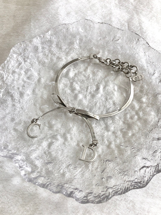 Christian Dior CD Logo Ribbon Motif Bracelet Silver Vintage re7gud