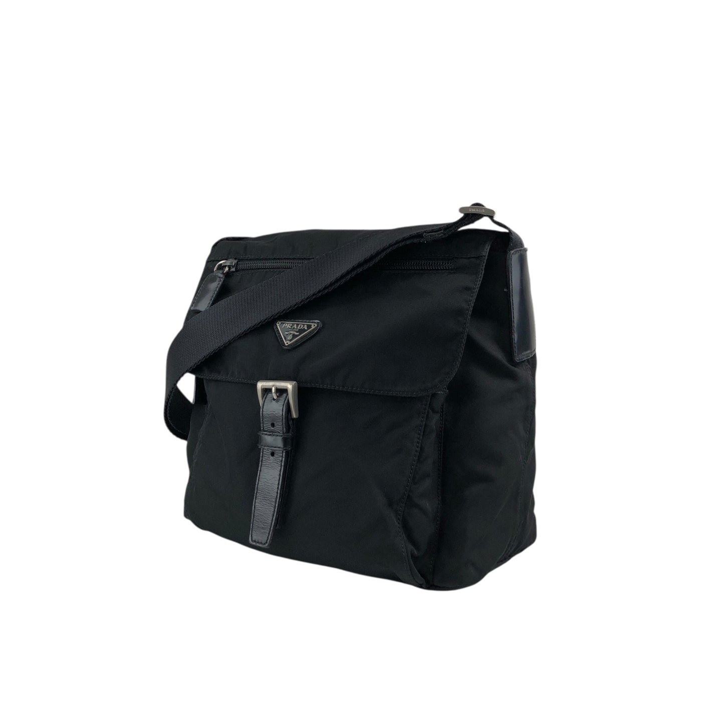 PRADA Tessuto Triangle Logo Front Buckle Shoulder bag Black Vintage dh6ap8