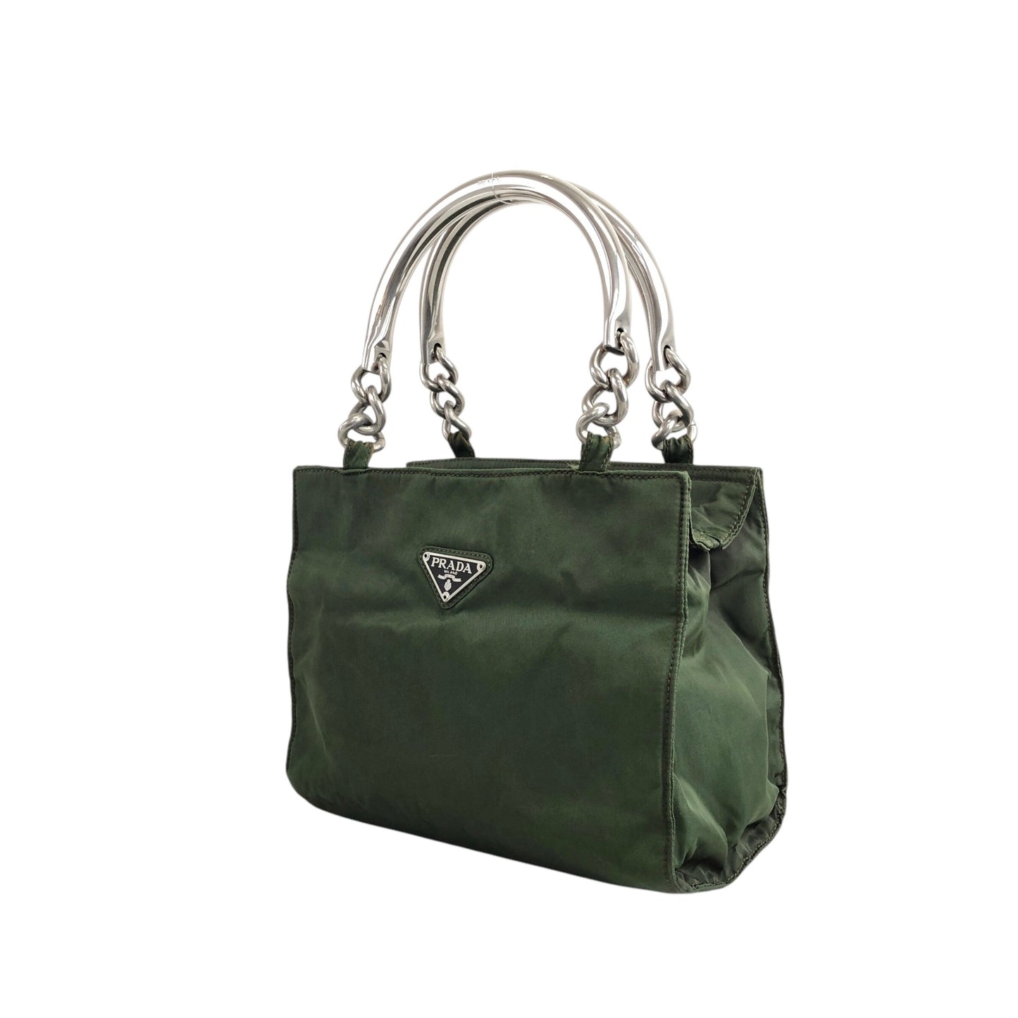 PRADA Triangle Logo Metal Handle Handbag Green Vintage xdsyty