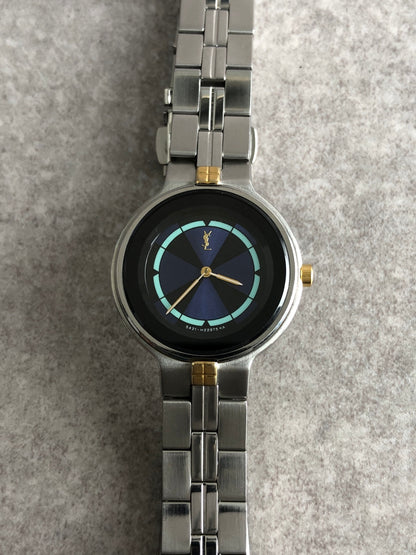 Yves Saint Laurent YSL Logo Quartz Watch Silver×Blue 5421-H13855 Vintage uchgez