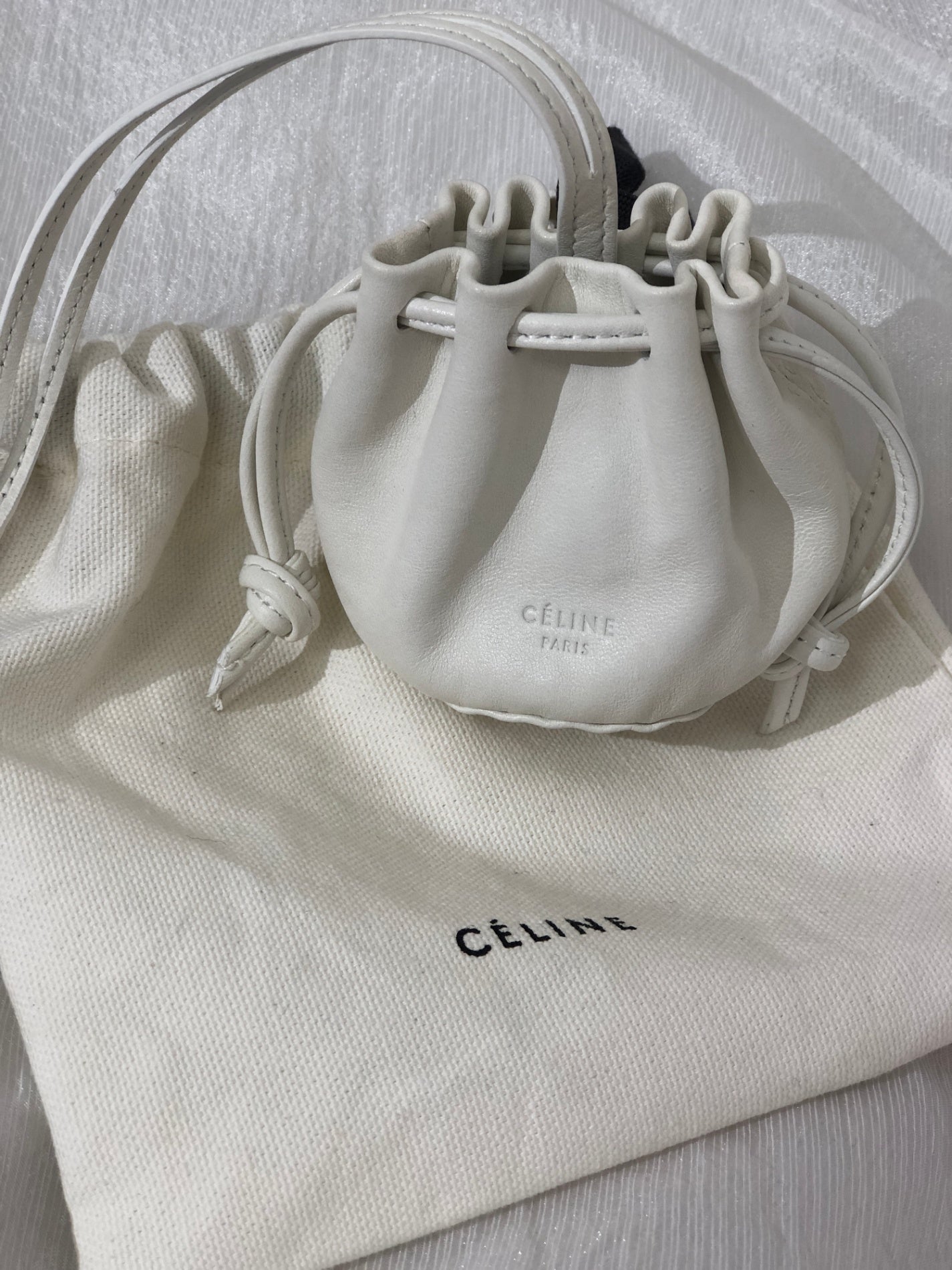 CELINE Logo Embossed Drawstring Pouch White Vintage awkw87