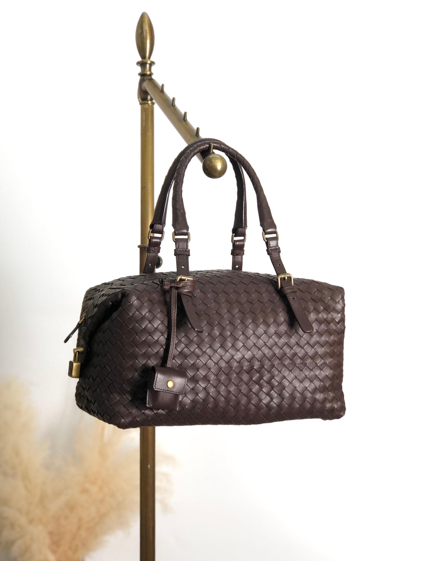 Bottega Veneta Intrecciato Padlock Boston bag Handbag Brown Vintage 2knttm