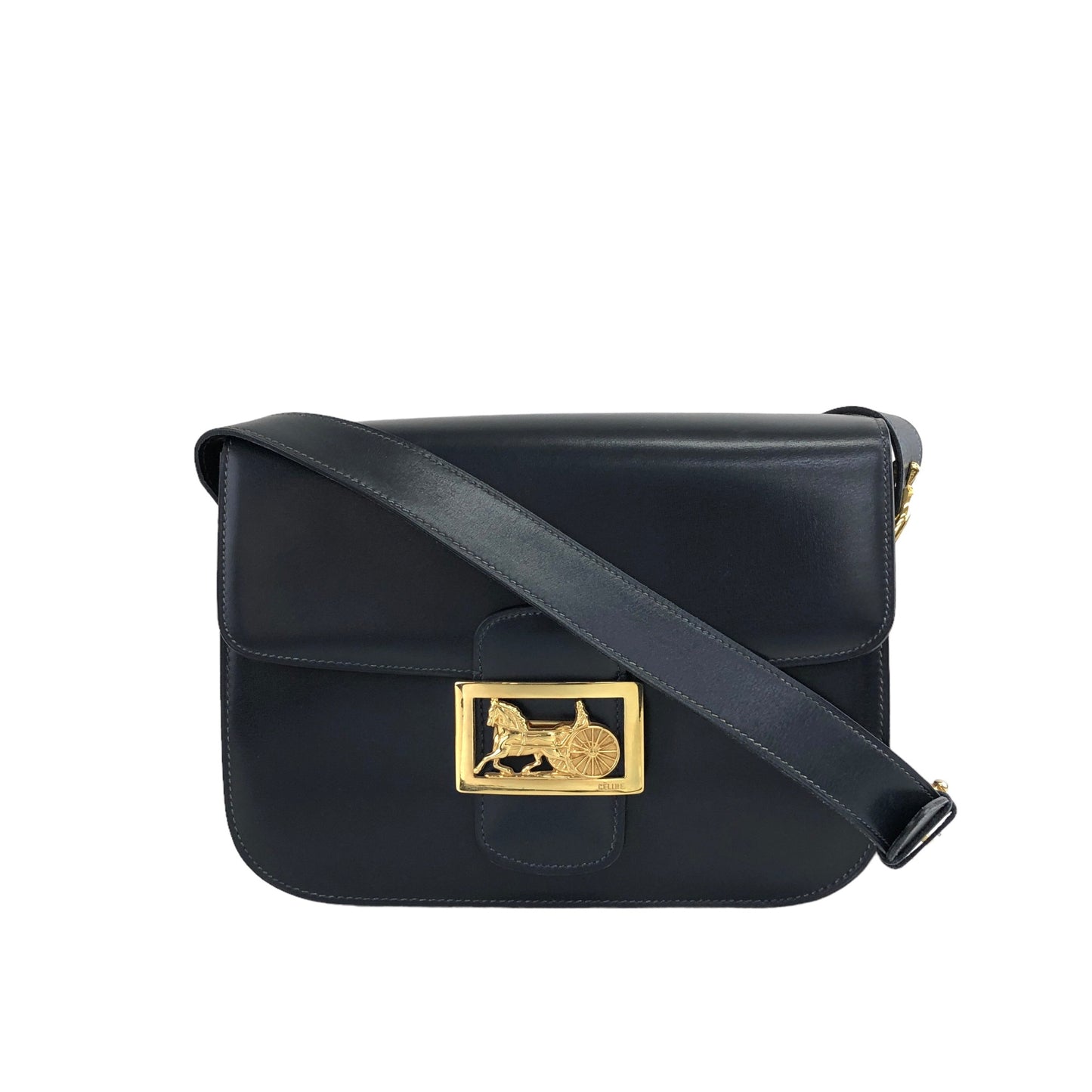 CELINE Horse Carriage Leather Shoulder bag Dark Navy Vintage  r2fr3z