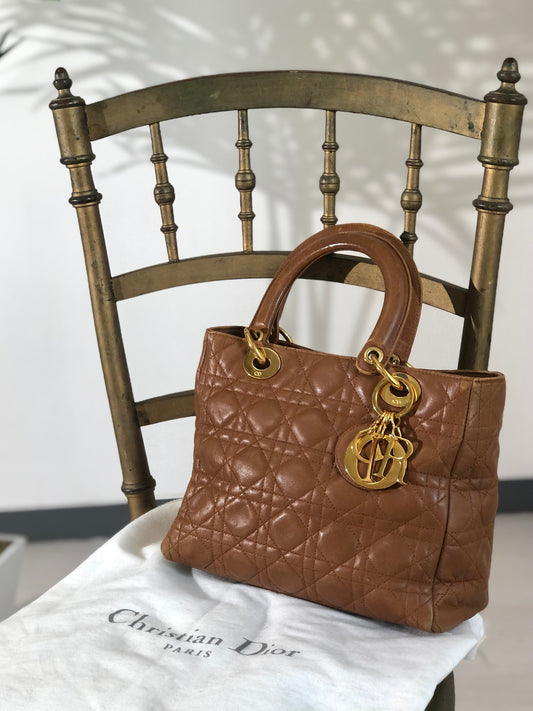 Christian Dior Lady Dior Cannage Leather Handbag Brown Vintage sx8up3