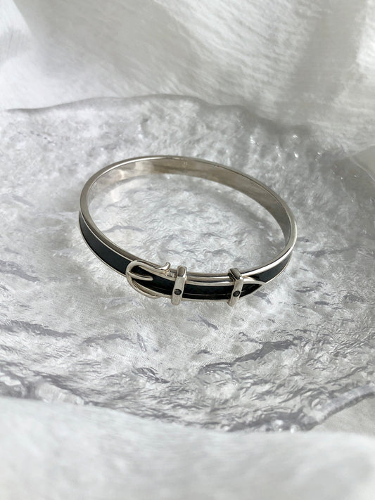 HERMES Belt Motif Bangle Black×Silver Vintage 3yap7t