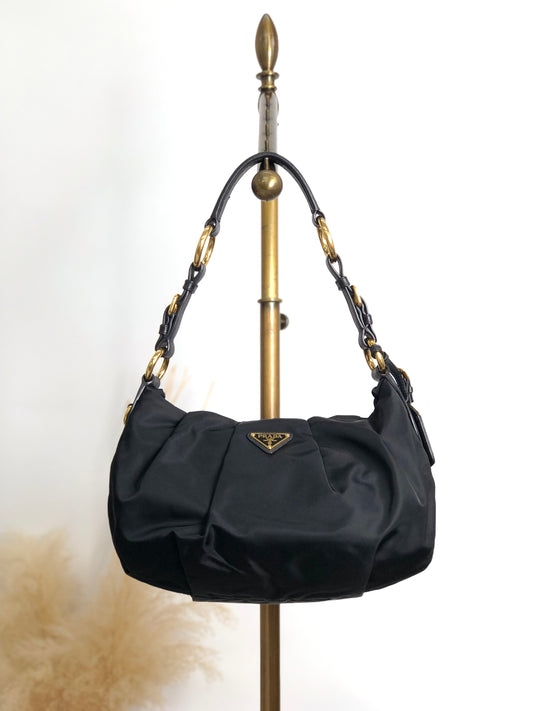 PRADA Tessuto Triangle Logo Shoulder bag Hobobag Black Vintage e3vera