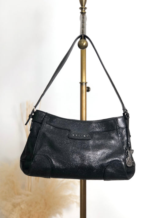CELINE Horse Carriage Logo Handbag Hobobag Black Vintage hieixd