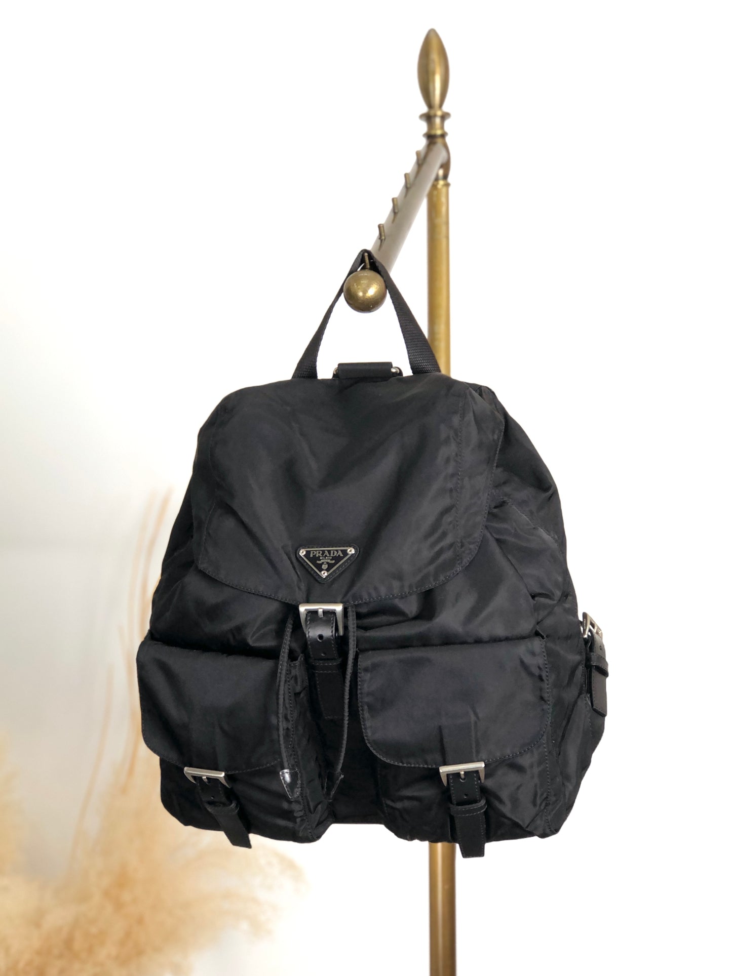 PRADA Tessuto Triangle Logo Front Buckle Double Pocket Backpack Black Vintage 5kjjr2