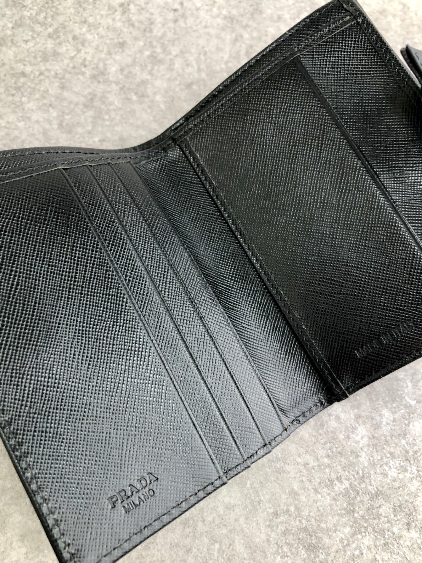 PRADA Triangle Logo Folded Wallet Black Vintage betrj7