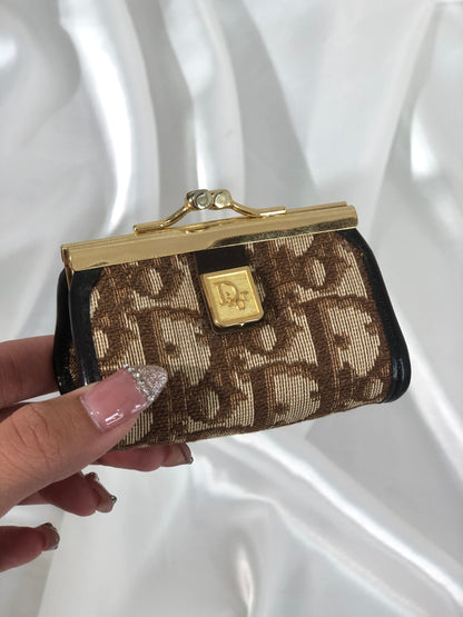 Christian Dior Trotter Jacquard Leather Metal Clasp Coin Purse Brown Vintage mcrrev