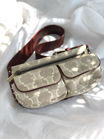 CELINE Paris Macadam 帆布皮革肩背包斜背包米色復古 xc3b36 