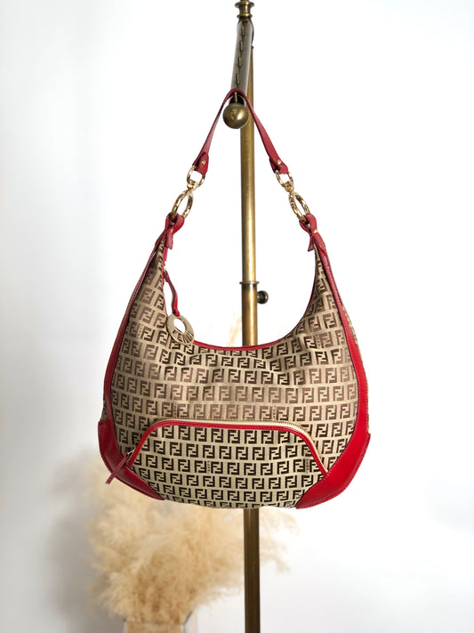 FENDI Zucchino Charm Shoulder bag Brown×Red Vintage wcjejn