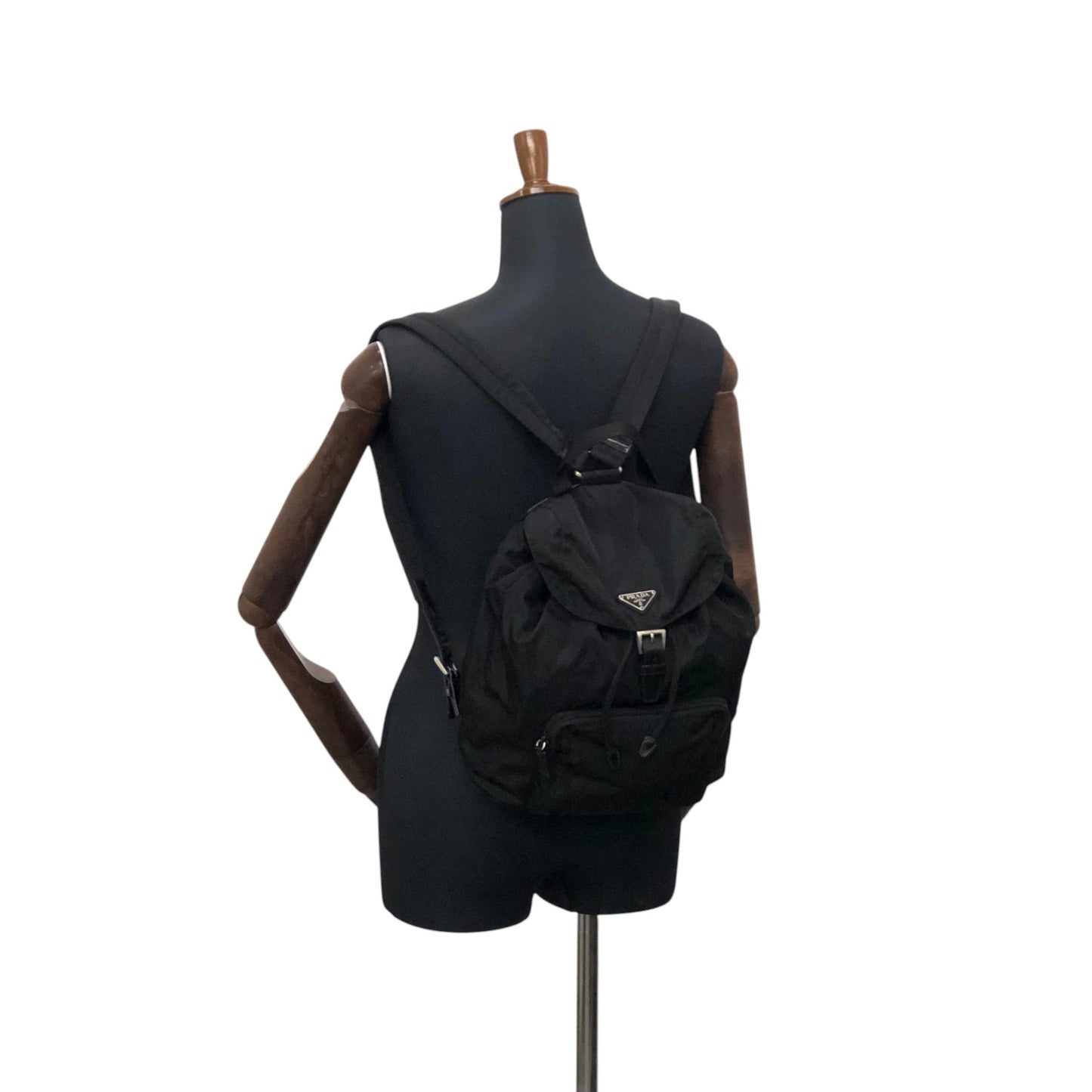 PRADA Tessuto Triangle Logo Front Buckle Backpack Black Vintage ue56ys