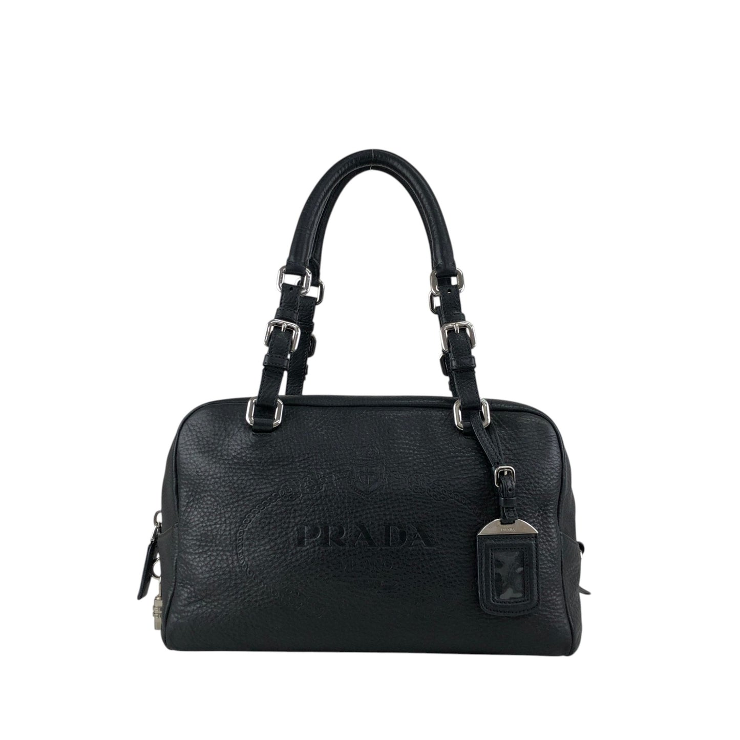 PRADA Logo Embossed Small Boston bag Handbag Black Vintage ydeszs