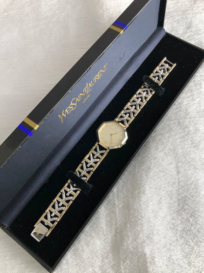 Yves Saint Laurent YSL Logo Octagon Quartz Watch Silver×Gold 4620-E62143 Vintage 4kdjvm