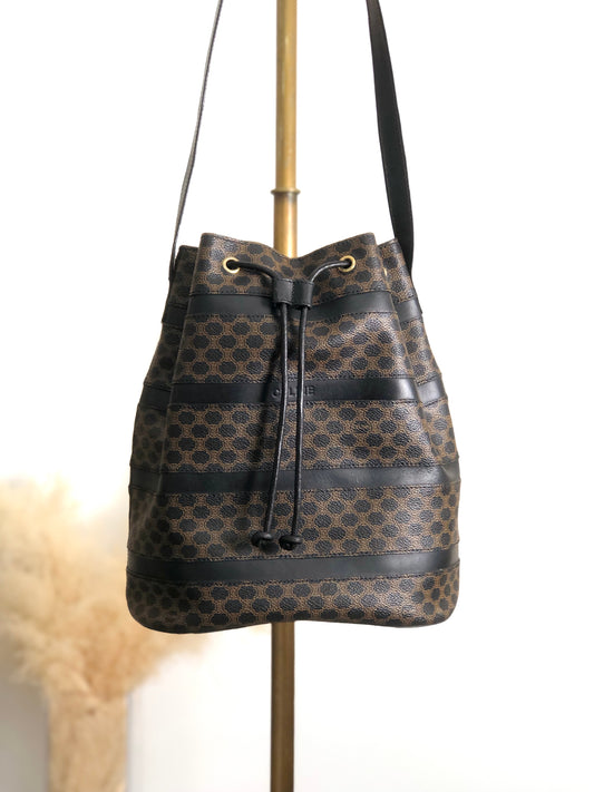 CELINE Macadam Drawstring Shoulder bag Black Vintage pji3hy