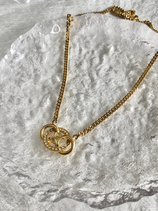 CELINE Blason Rhinestone Necklace Gold Vintage jghz4v
