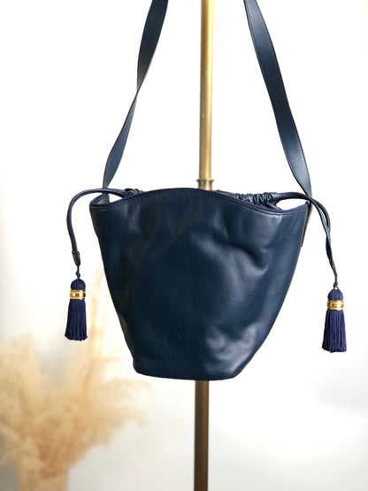 Christian Dior CD Logo Tassel Drawstring Shoulder bag Navy Vintage vzaky4