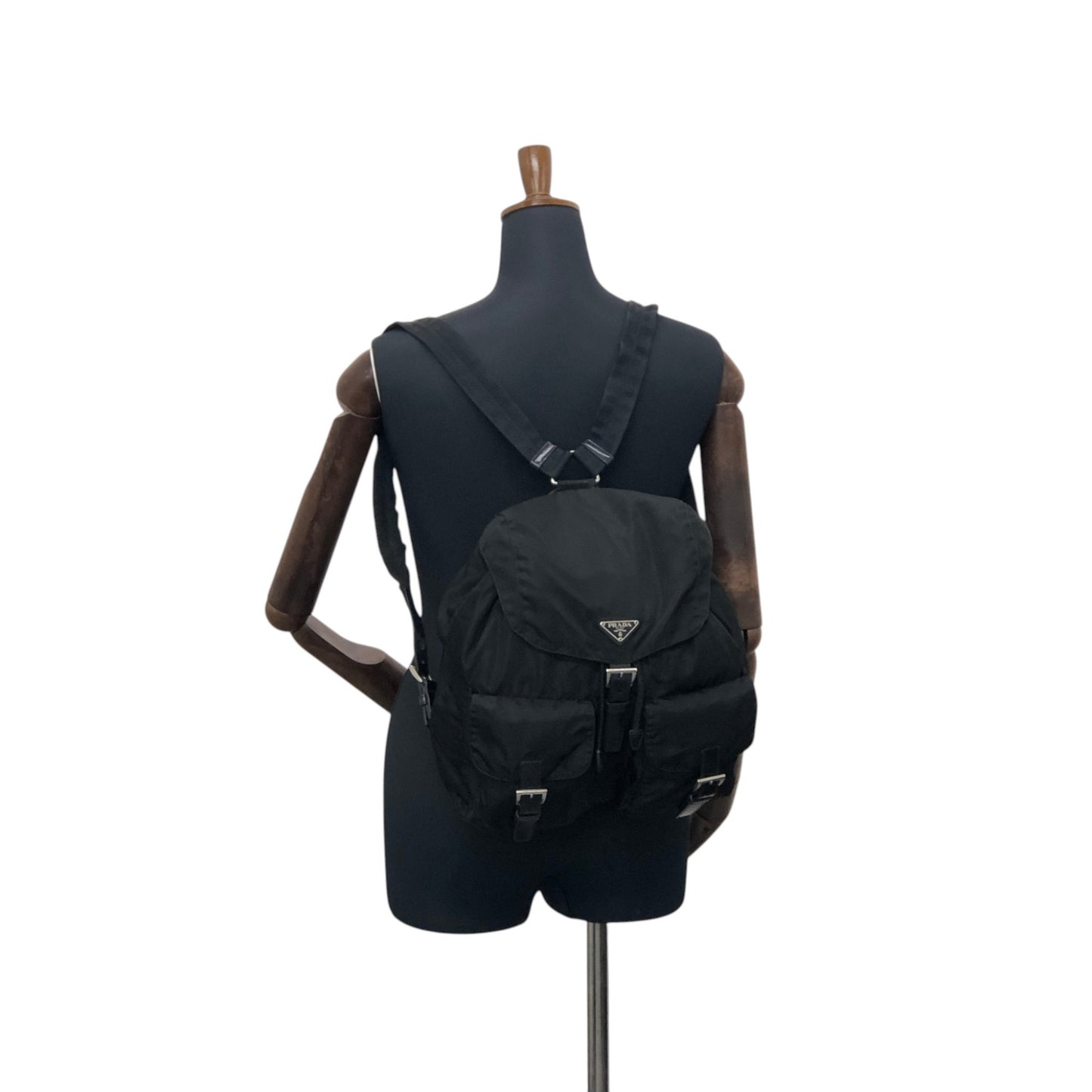 PRADA Tessuto Triangle Logo Double Pocket Backpack Black Vintage mehbr8
