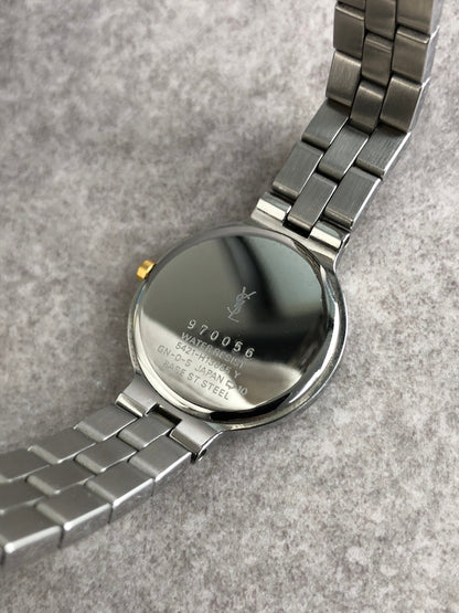 Yves Saint Laurent YSL Logo Quartz Watch Silver×Blue 5421-H13855 Vintage csc6hf