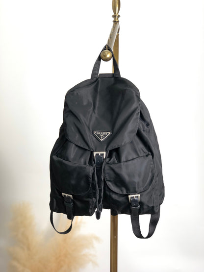 PRADA Triangle Logo Double Pocket Backpack Black Vintage ys5ifi